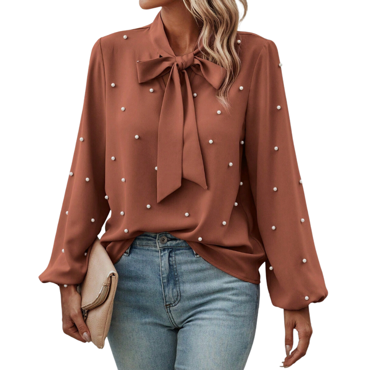 Chloé | Elegant Bluse med Knude Krave og Perler